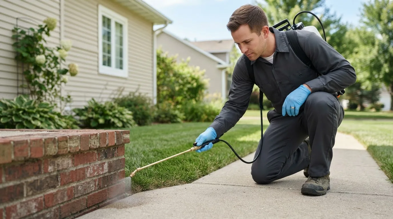 Pest control technician treating a home near North Stonington, CT